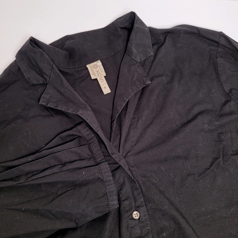 XCVI Button Front Top Womens Medium Black Excellent Pleated Back 3/4 Sleeve